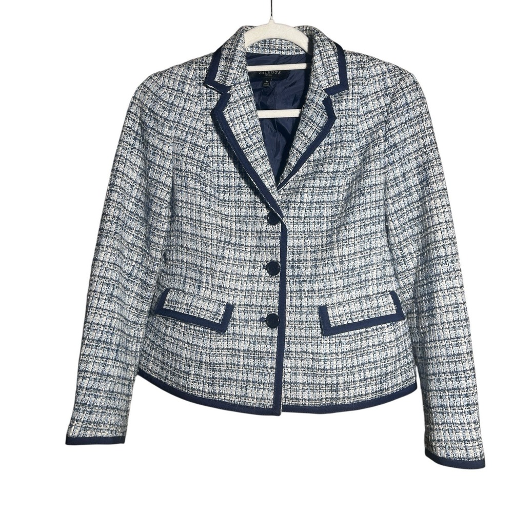 Talbots Petites 4P Tweed Blazer Jacket Blue White‎ Navy Trim Lined Career Style
